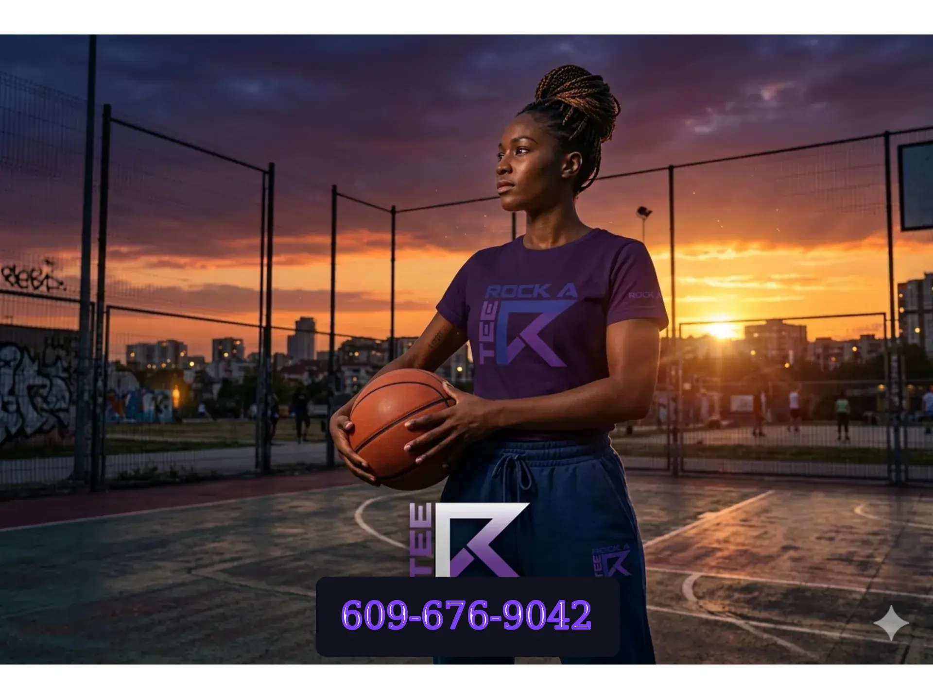 Basketball player holding a ball on an outdoor court at sunset